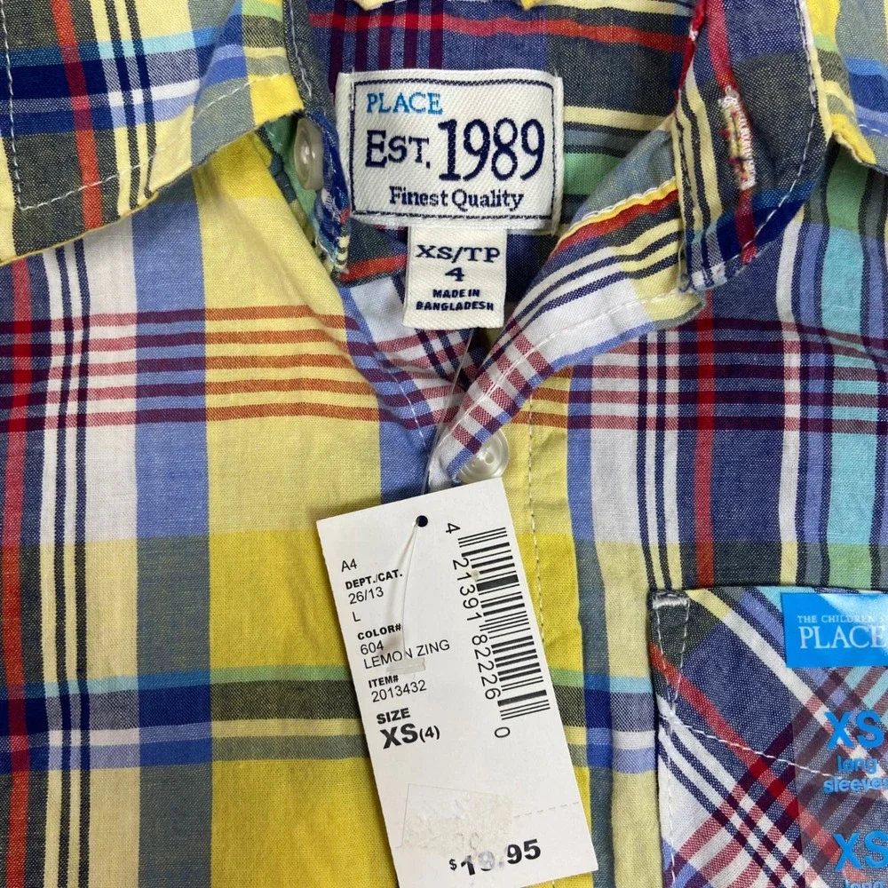 The Childrens Place Boy XS 4 Multicolor Plaid Gingham Button Down Shirts NWT 2pk